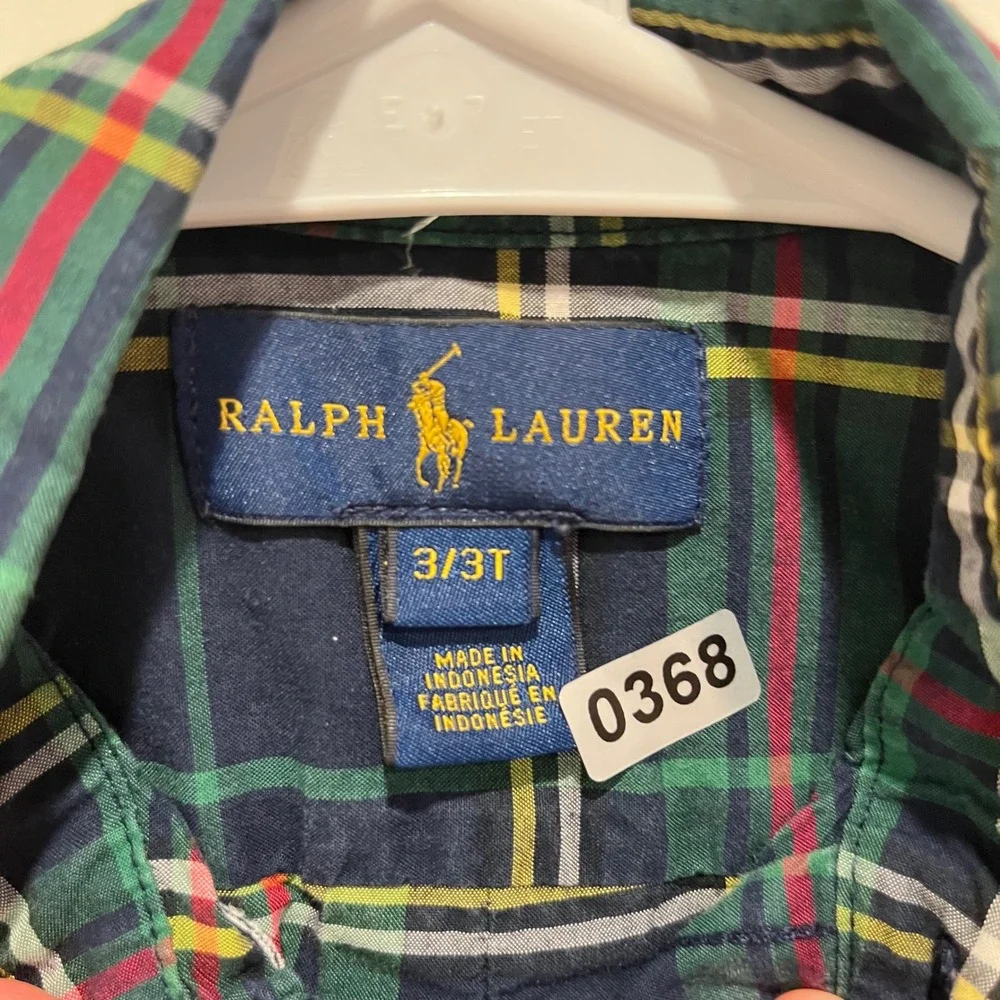 Ralph Lauren Boys Green Navy Plaid Button Down Shirt Size 3/3T Long Sleeve